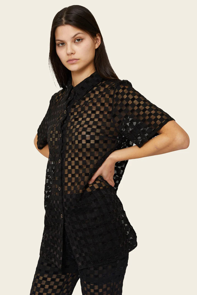 Find Me Now Harmony Checkered Mesh Button Down Black