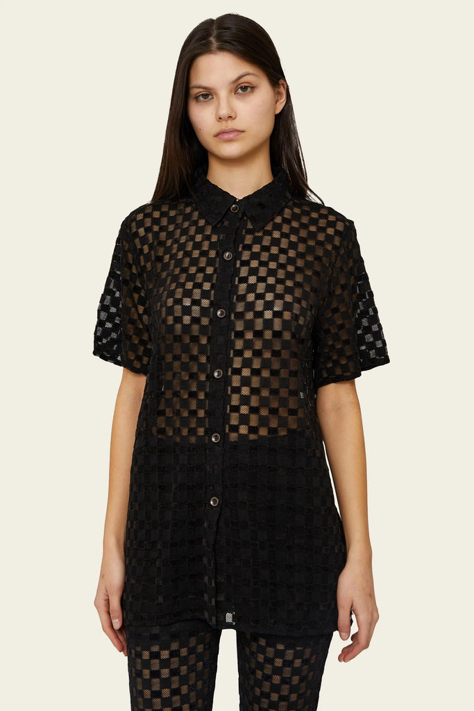 Find Me Now Harmony Checkered Mesh Button Down Black
