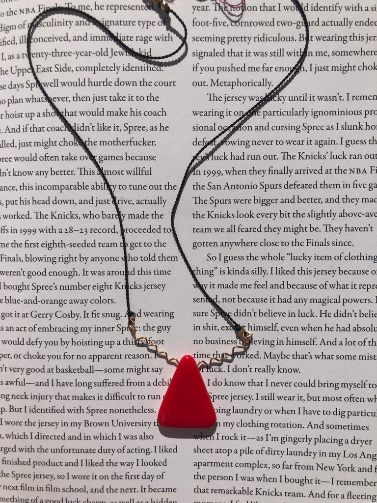 Ronni Kappos Red Triangle Squiggle Gold Necklace