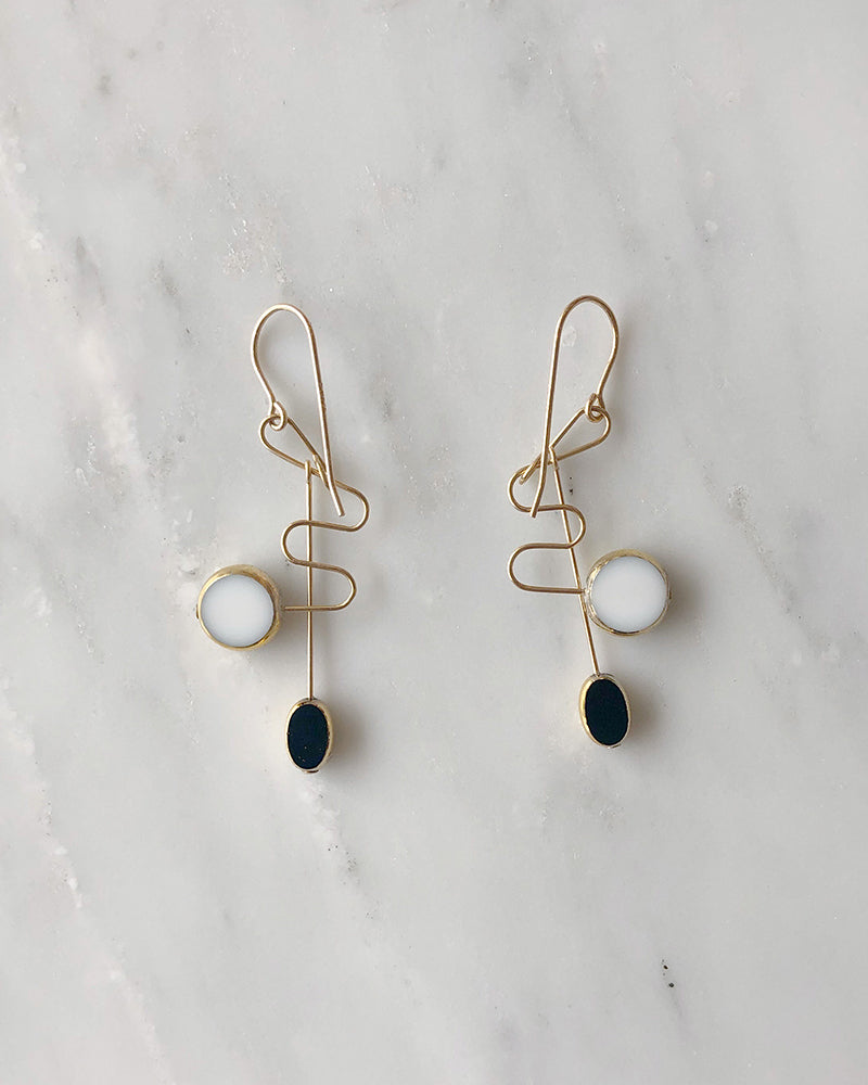 I. Ronni Kappos White and Black Squiggle Drop Earrings